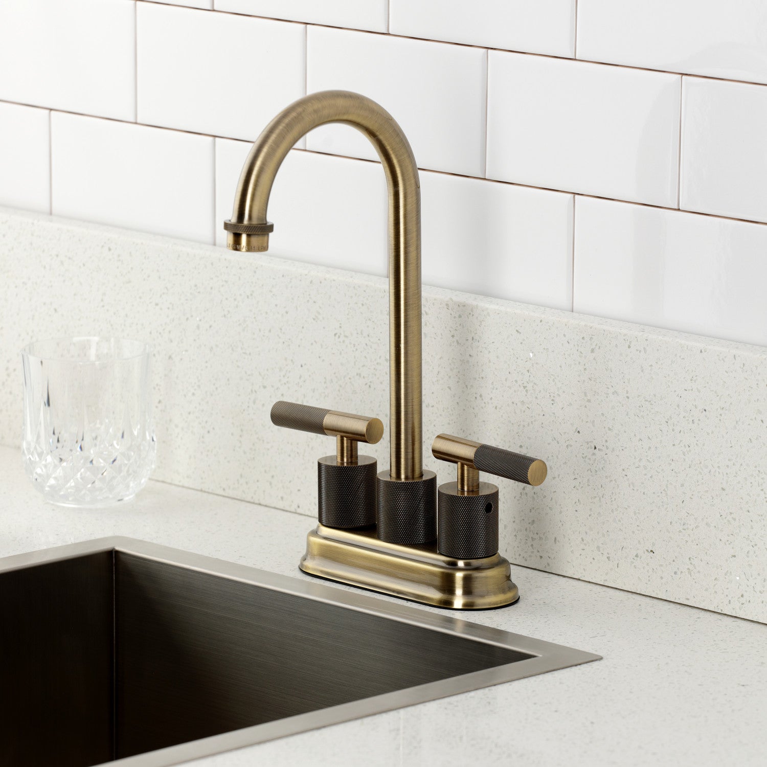 Kingston Tulare KB5493KNL - Convergent Two-Handle 2-Hole Deck Mount Bar Faucet with Knurled Handle, Antique Brass — thumbnail 2